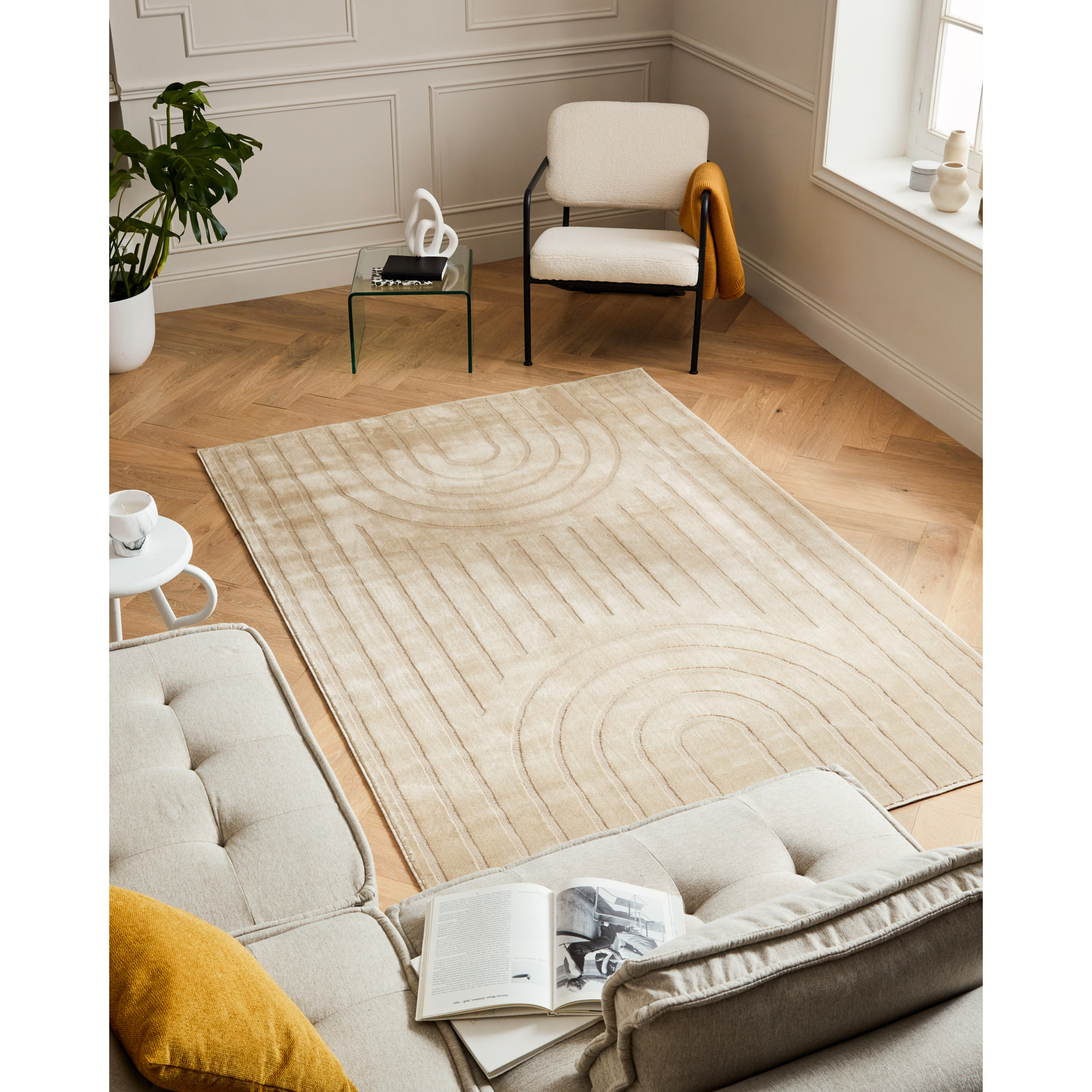 BLOOM - Tapis poils ras motif arc de cercle en relief - Beige