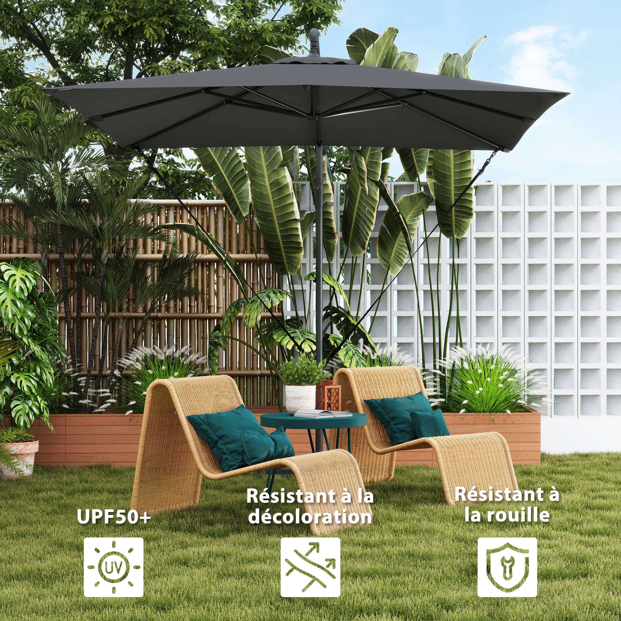 Parasol déporté carré inclinable 2,5 x 2,5 m - manivelle - housse protection incluse - anthracite