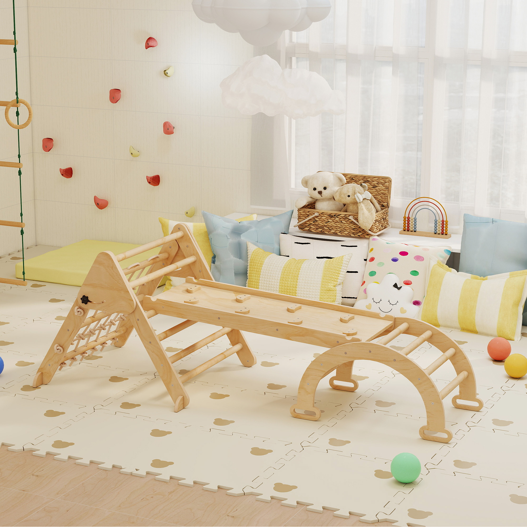 Triangle d'escalade enfant pliable 8 en 1 - aire de jeu enfant - bois naturel