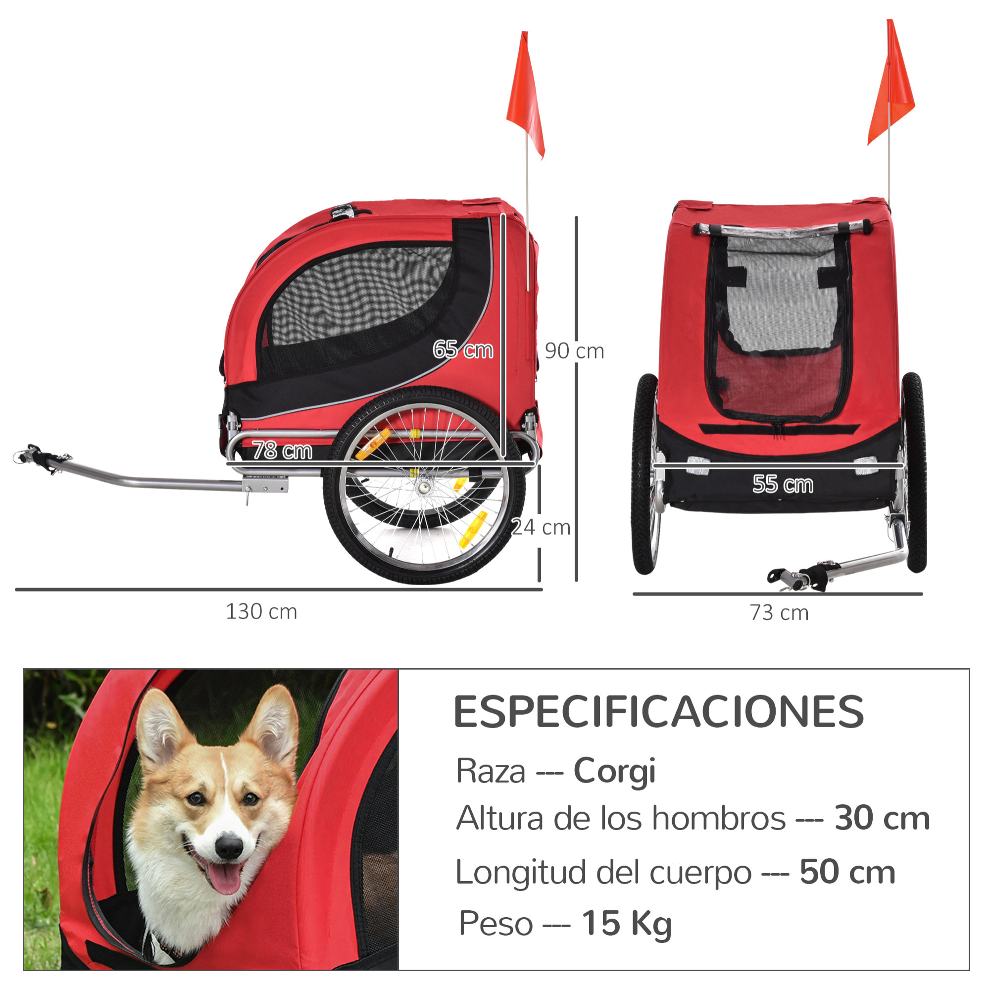 Remolque Bici Mascota de Oxford 130x73x90cm Rojo y Negro