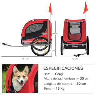 Remolque Bici Mascota de Oxford 130x73x90cm Rojo y Negro