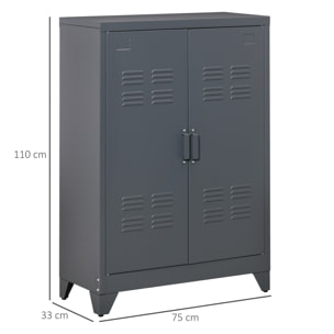 Armario Metálico de Almacenamiento con Doble Puerta de Bisagras y 2 Baldas Ajustables Multiusos para Oficina Salón Dormitorio 75x33x110 cm Gris