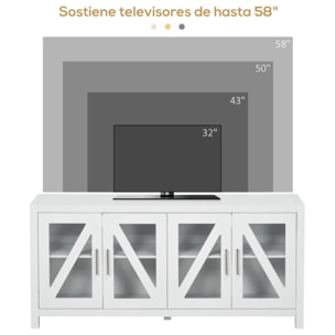 Mueble TV de Salón Mesa para Televisores de hasta 58" con 4 Puertas de Vidrio Templado Estantes Ajustables y 4 Orificios para Cables para Dormitorio 130x35x60 cm Blanco