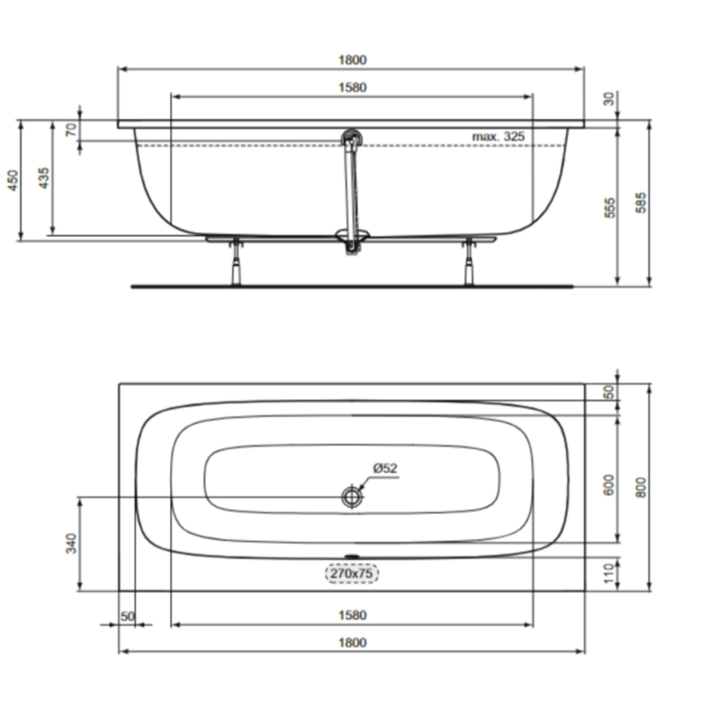 Baignoire droite 180 x 80 i.life Duo
