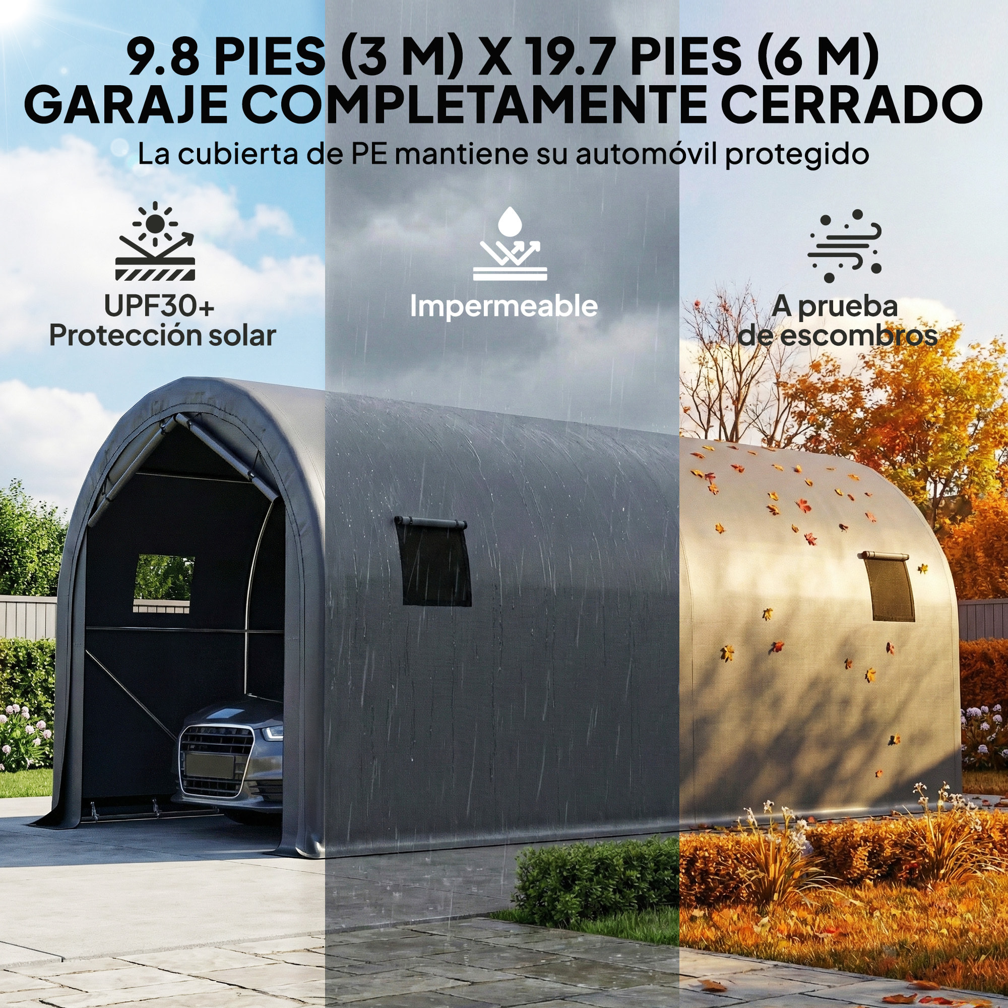 Carpa Garaje Portátil 3x6 m, Garaje Exterior para Coche Impermeable con Puerta Enrollable con Cremalleras y 4 Ventanas, Marco Metal Galvanizado, UPF 30+, Cobertizo de Almacenamiento, Gris