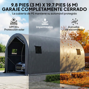 Carpa Garaje Portátil 3x6 m, Garaje Exterior para Coche Impermeable con Puerta Enrollable con Cremalleras y 4 Ventanas, Marco Metal Galvanizado, UPF 30+, Cobertizo de Almacenamiento, Gris