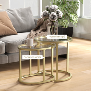 Lot de 2 tables basses gigognes - tables d'appoint encastrables style contemporain - piètement acier plateau verre trempé