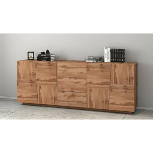 Credenza Ddamsgaar, Buffet da soggiorno, Madia da salotto con 4 ante e 3 cassetti, 220x44h86 cm, Rovere