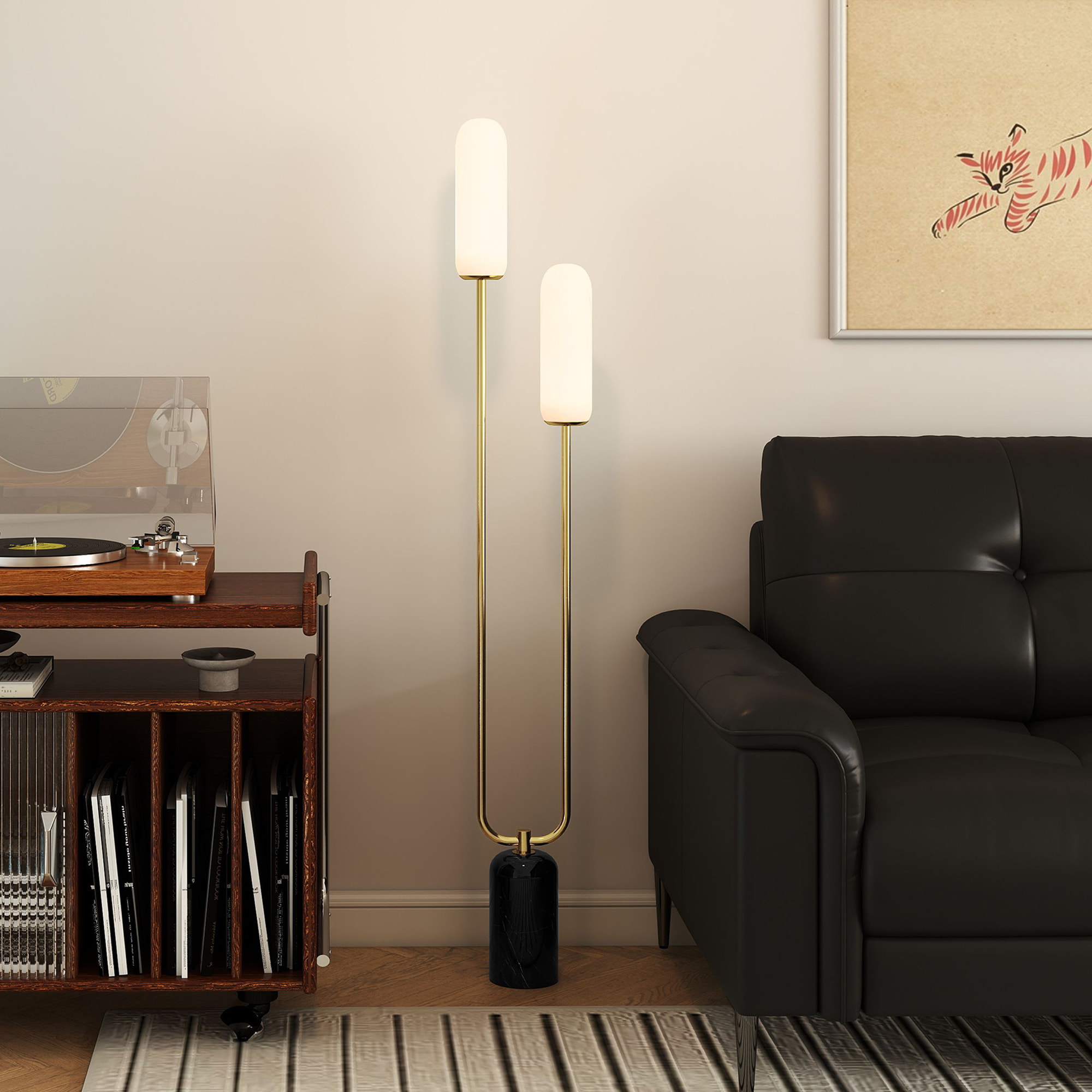 Lampadaire design art déco H.150 cm effet marbre noir métal doré verre dépoli blanc