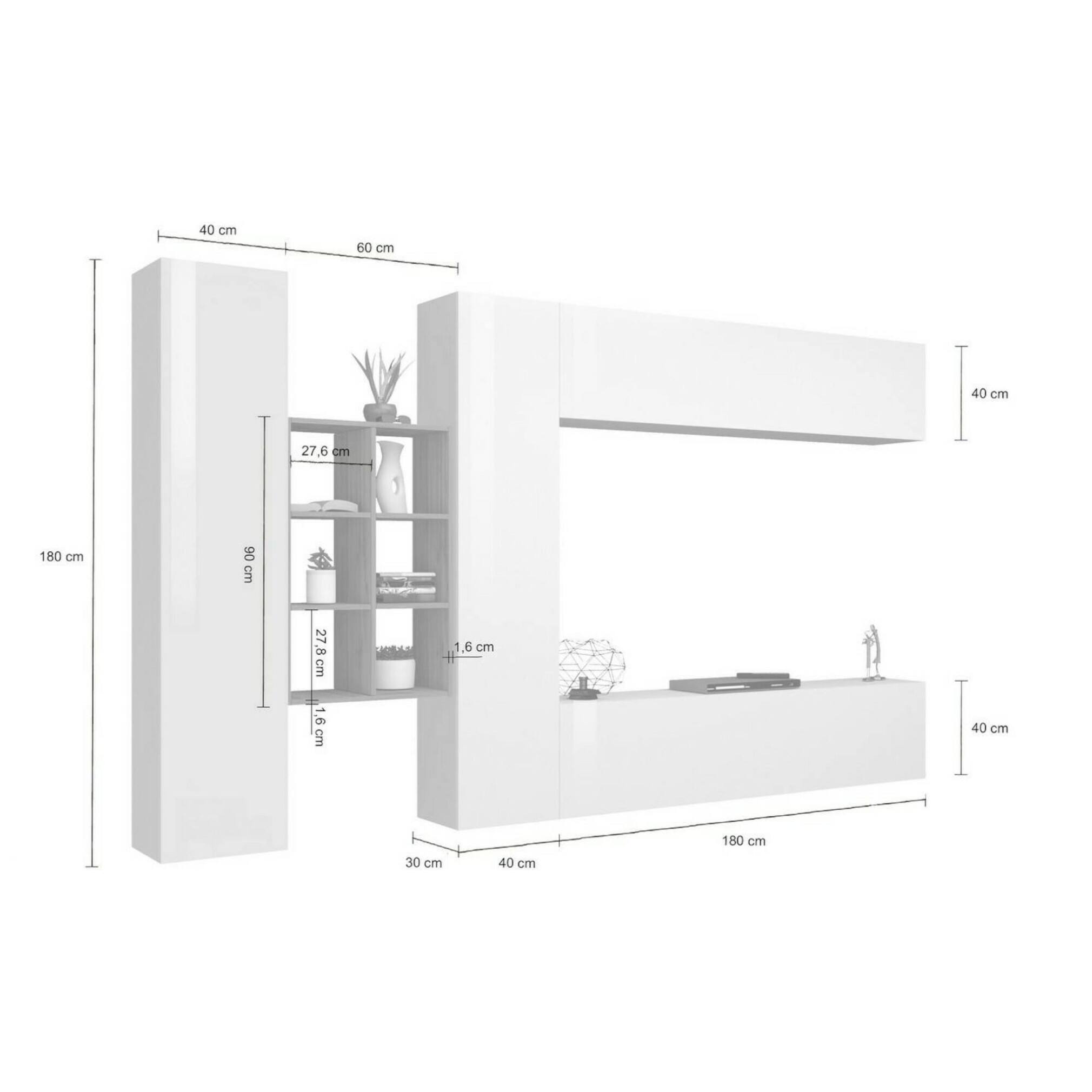 Parete attrezzata Danilo, Set salotto porta TV a 4 ante, Mobile soggiorno multiuso, 100% Made in Italy, cm 280x30h180, Bianco lucido e Acero