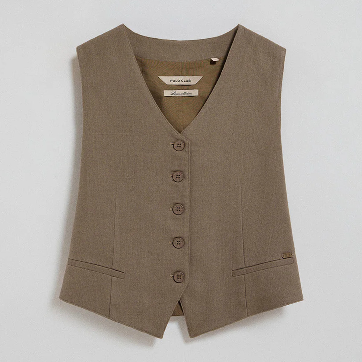 Chaleco Deia color taupe de algodón y lino con detalles Polo Club