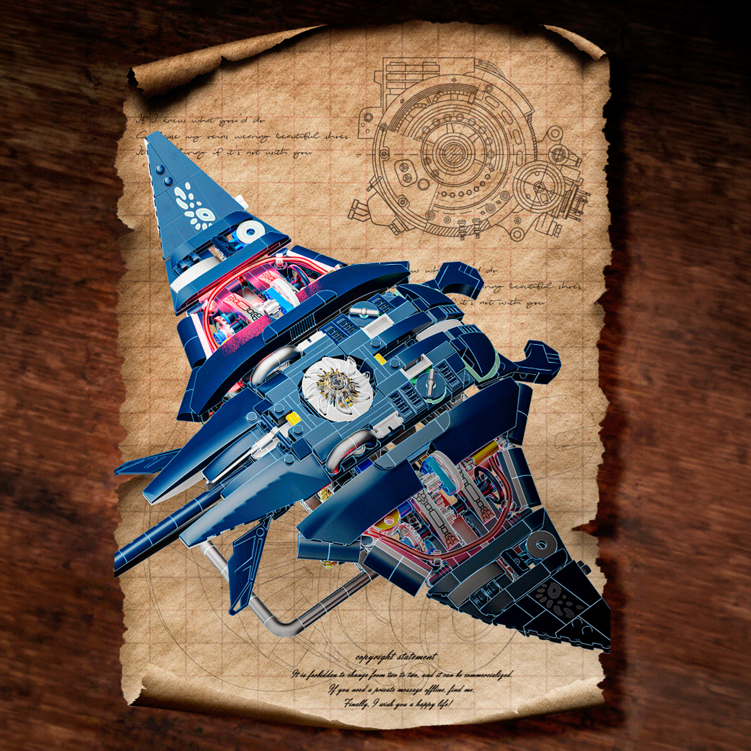 Maqueta 3D mecanizada de manta raya con 966 piezas, equipada con luces y mecanismo de manivela que permite movimiento dinámico.