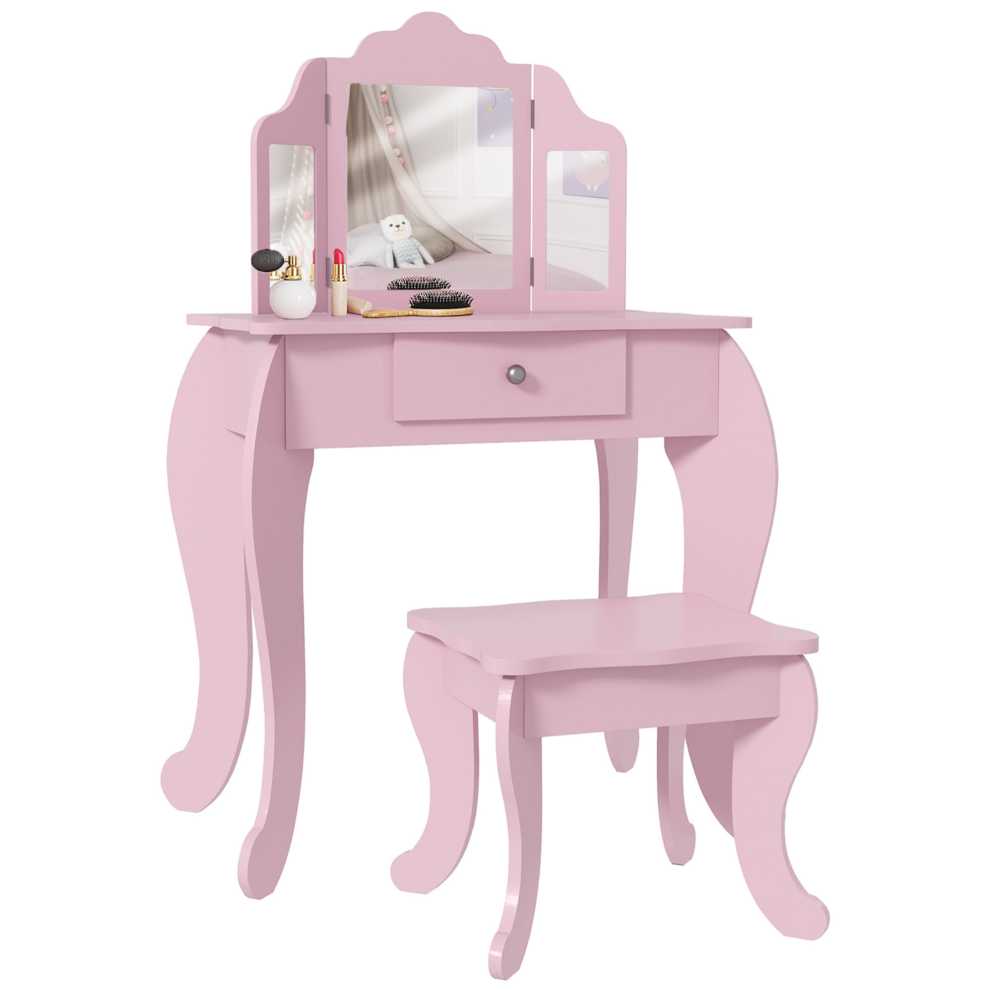 Tocador Infantil con Taburete y Espejo Ajustable, Tocador para Niñas con Cajón, Mesa de Maquillaje para Niños y Niñas de 3-6 Años, Rosa