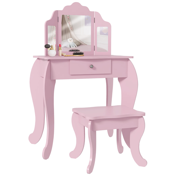 Tocador Infantil con Taburete y Espejo Ajustable, Tocador para Niñas con Cajón, Mesa de Maquillaje para Niños y Niñas de 3-6 Años, Rosa