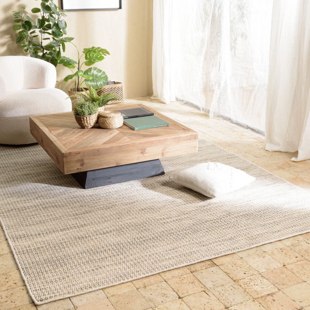 QUENTIN - Tapis rect. 160x230cm en laine tissée couleur blanc et kaki