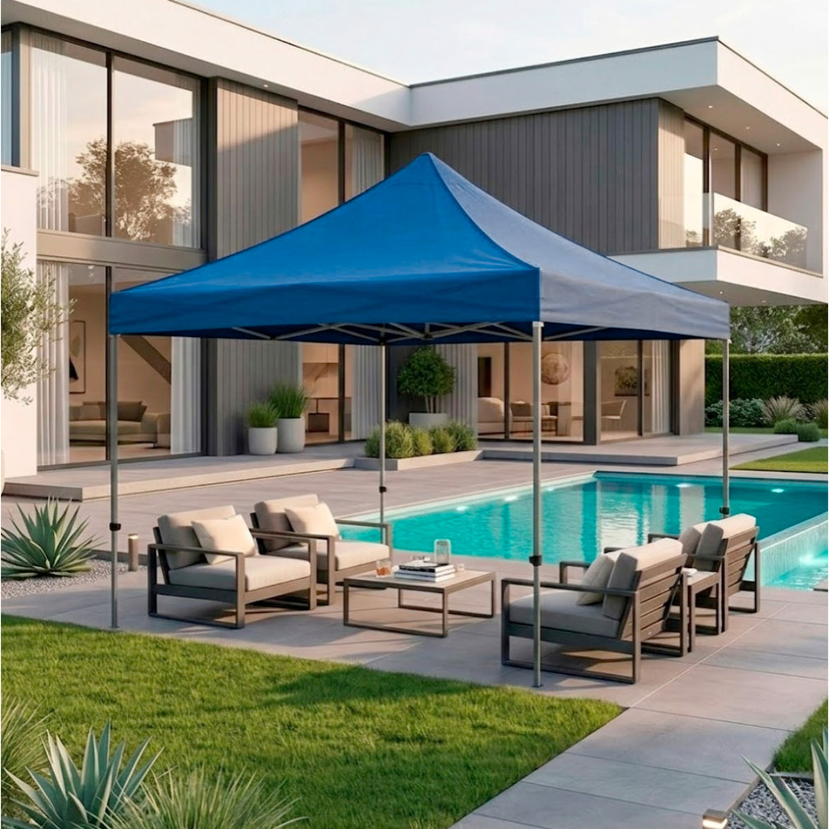 Gazebo Professionale 3x3 M Richiudibile Automatico In Acciaio Con Telo Oxford 1200D PVC Impermeabile e Anti UV A Fisarmonica con Sacche Blu