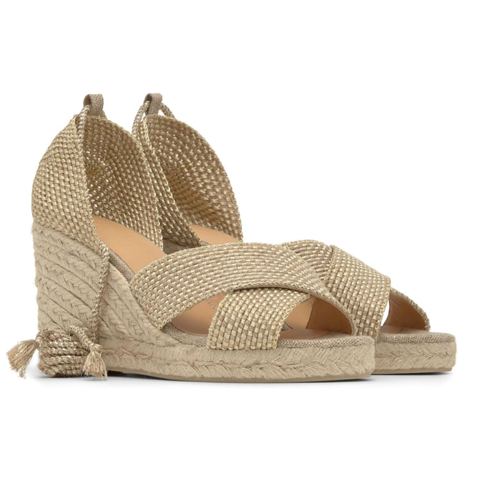 Sandalia de cuña Becca en yute y rayón con cierre de cintas