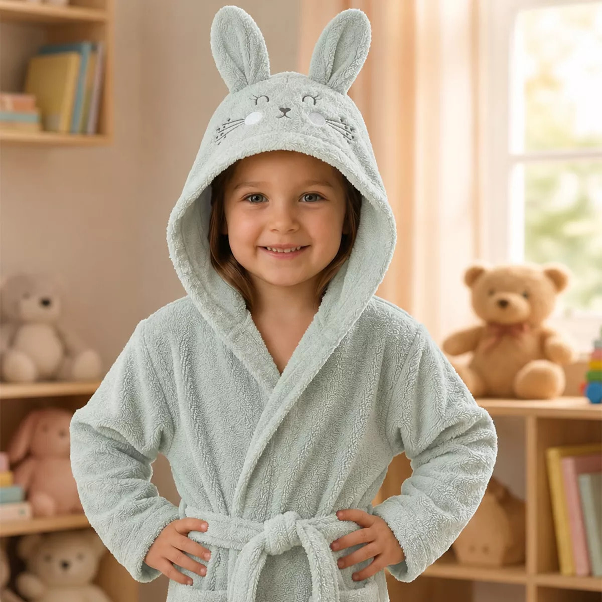 Peignoir enfant enfant pur coton 420 g/m² brodé vert Petit lapin vert d'eau