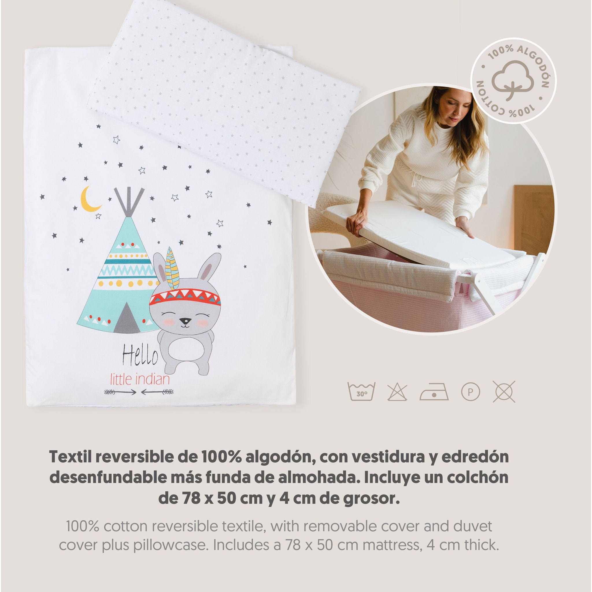 Minicuna con textil Tipi Oso Blanco