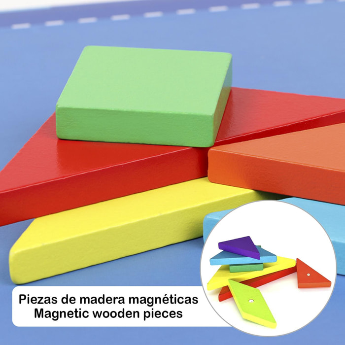 Libro con Tangram magnetico in legno. Include 96 sfide e le loro soluzioni.