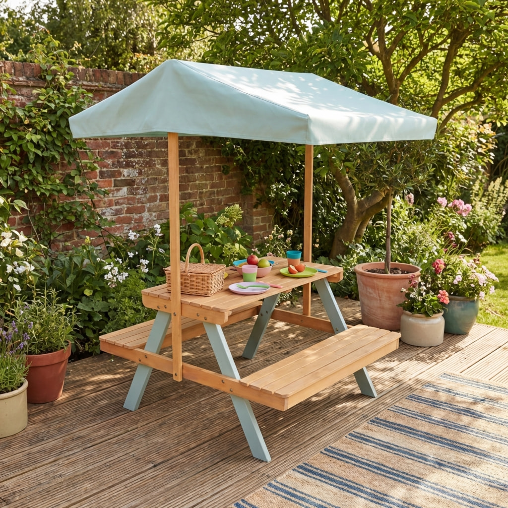 Table de pique-nique, salon de jardin enfant bois d'acacia avec parasol 2 places  JADE