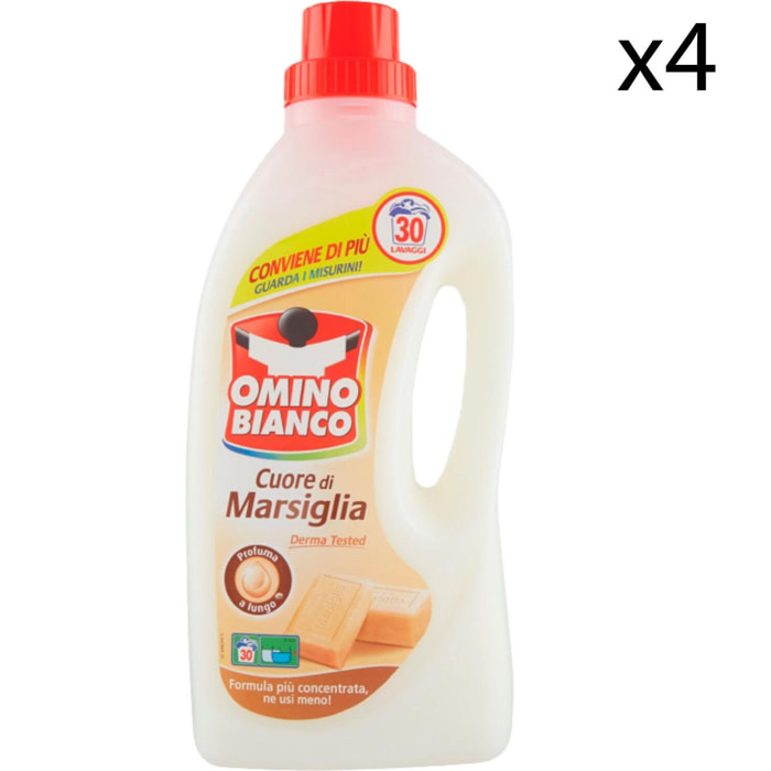 4x Omino Bianco Cuore di Marsiglia Detersivo Liquido - 4 Flaconi da 1,5 Litri