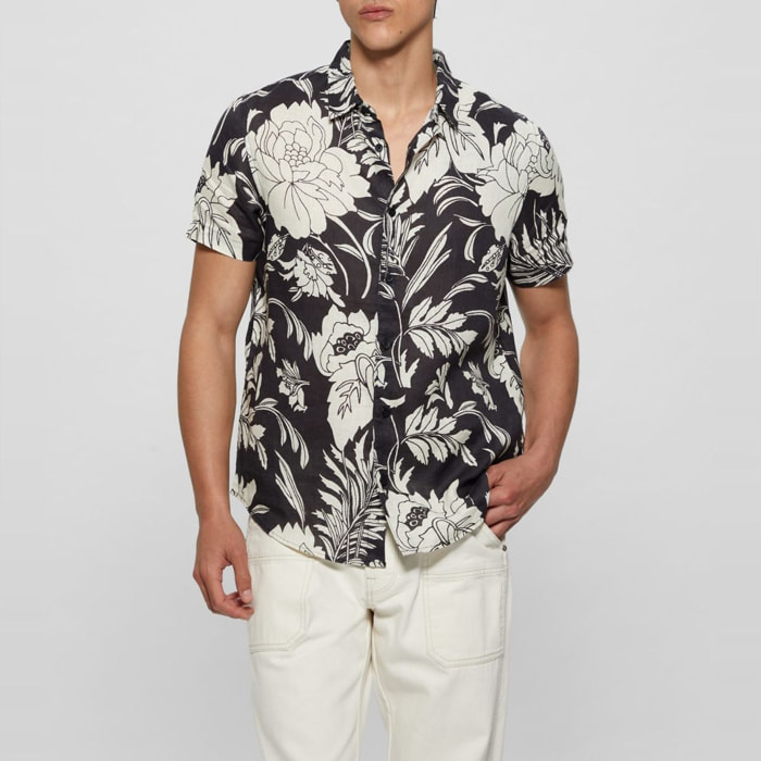Chemise Island - coupe slim - 100% lin - motif fleuri - noir et blanc