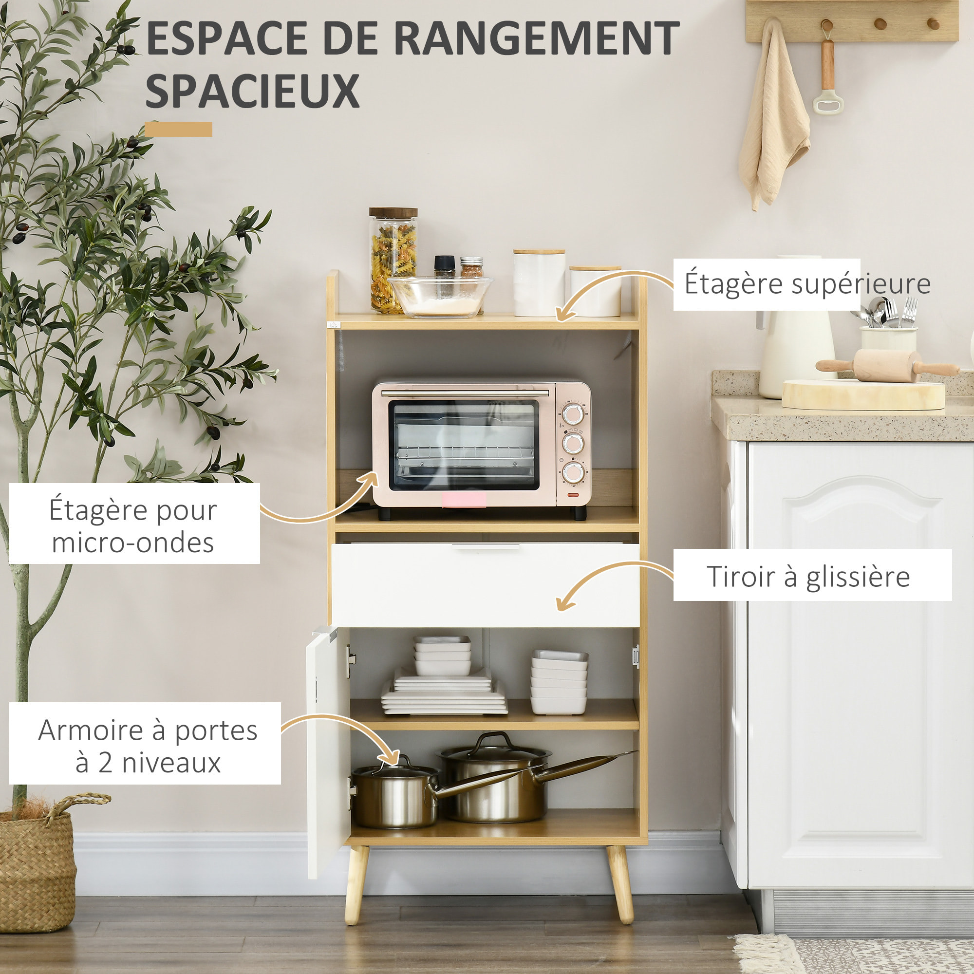 Meuble desserte de cuisine micro-onde style scandinave - porte, 2 étagères, tiroir, niche - blanc aspect chêne clair