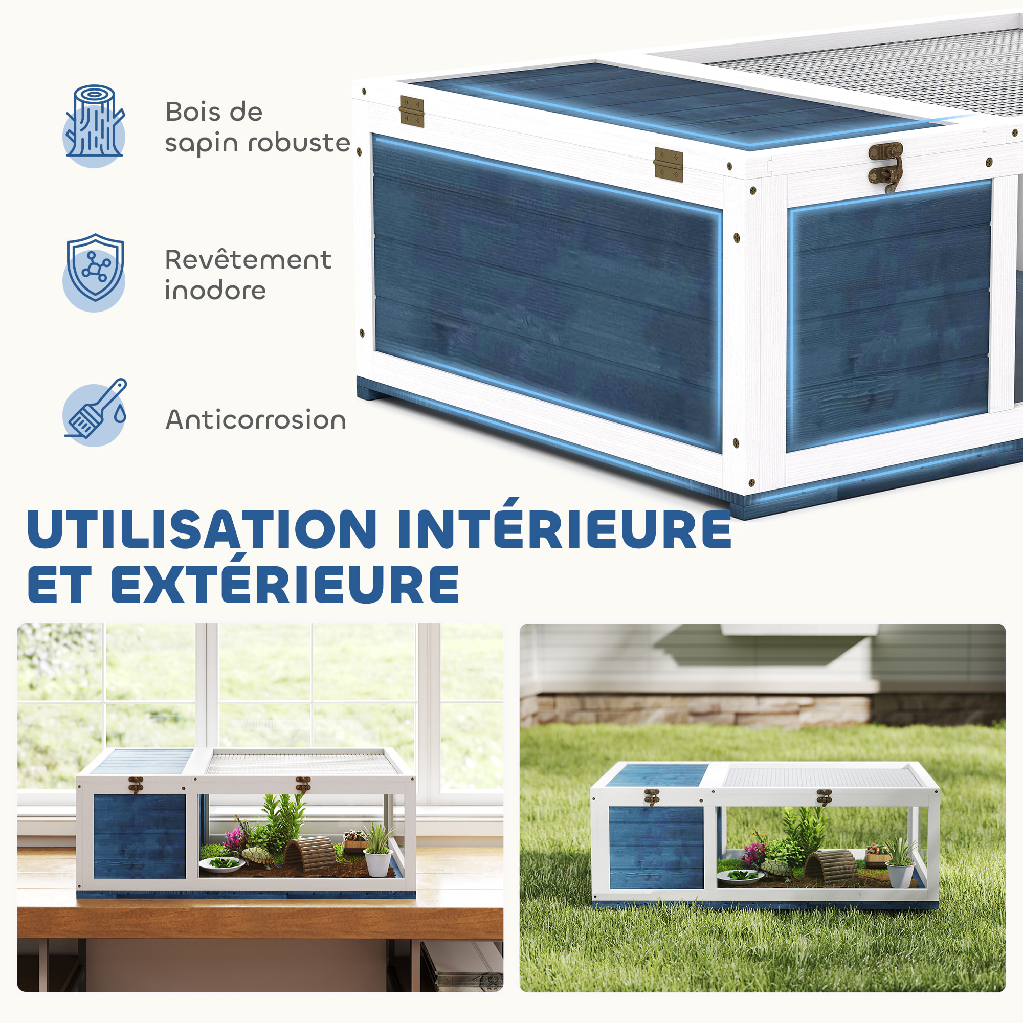 Enclos pour tortue - parc pour tortue - niche, enclos extérieur, toits ouvrants verrouillables - plexiglas métal sapin bleu