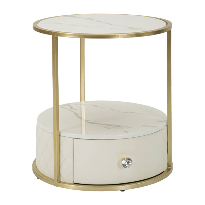 Comodino Piandisco, Comò basso, Tavolino da notte, Mensola da letto, 43x43 h48 cm, Bianco e Oro