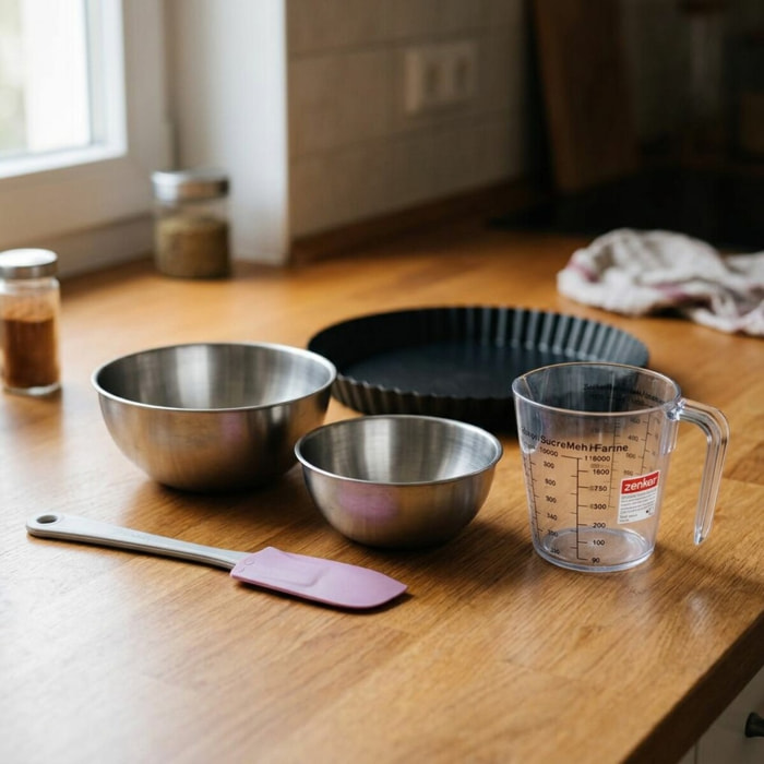 Set pâtisserie avec moule à tarte renversée, 2 bols à mixer, verre mesureur et spatule Zenker
