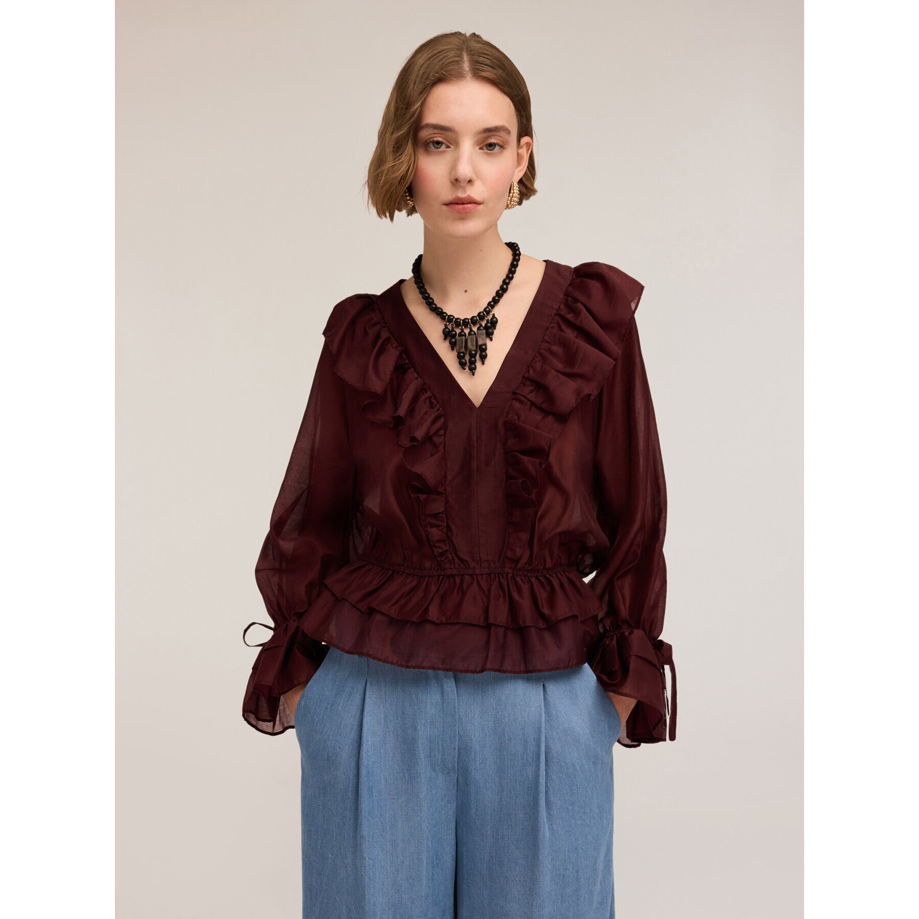 Motivi - Blusa de voile con volantes - Burgundy
