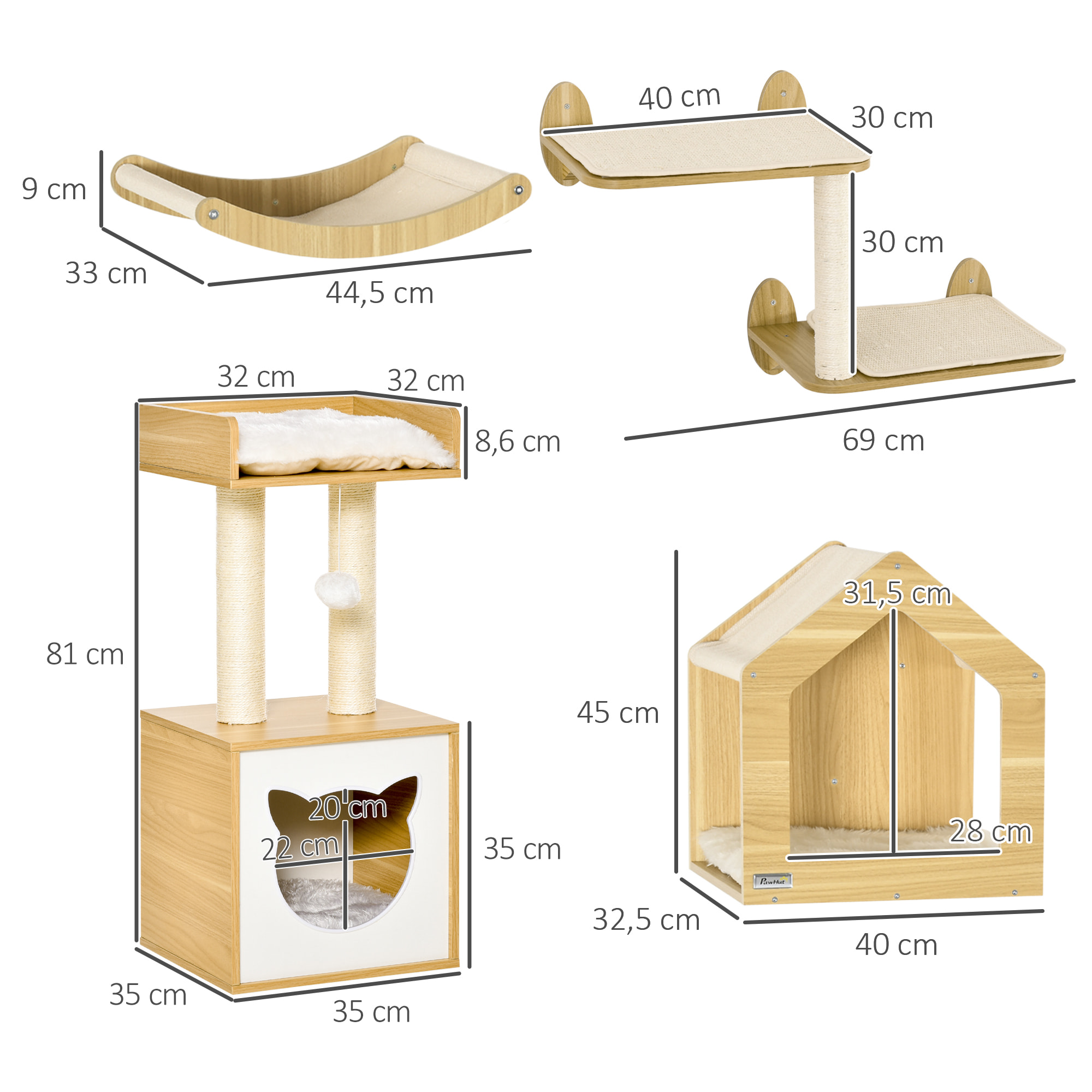 Conjunto para Gatos Juego de Casa para Gatos de 2 Niveles con Cama Superior Cojines Lavables y Estantes para Gatos 3 Piezas de Pared con Hamaca 35x35x81 cm Roble