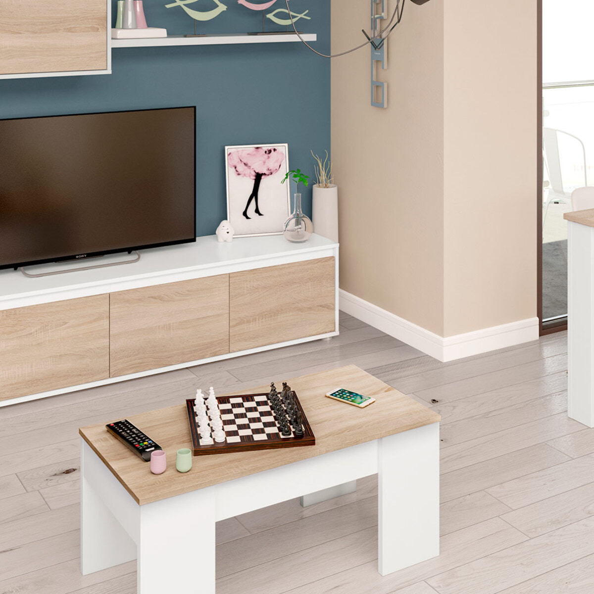 Mesa Centro Elevable 45x100x50 Cm Roble Canadian/blanco Artik