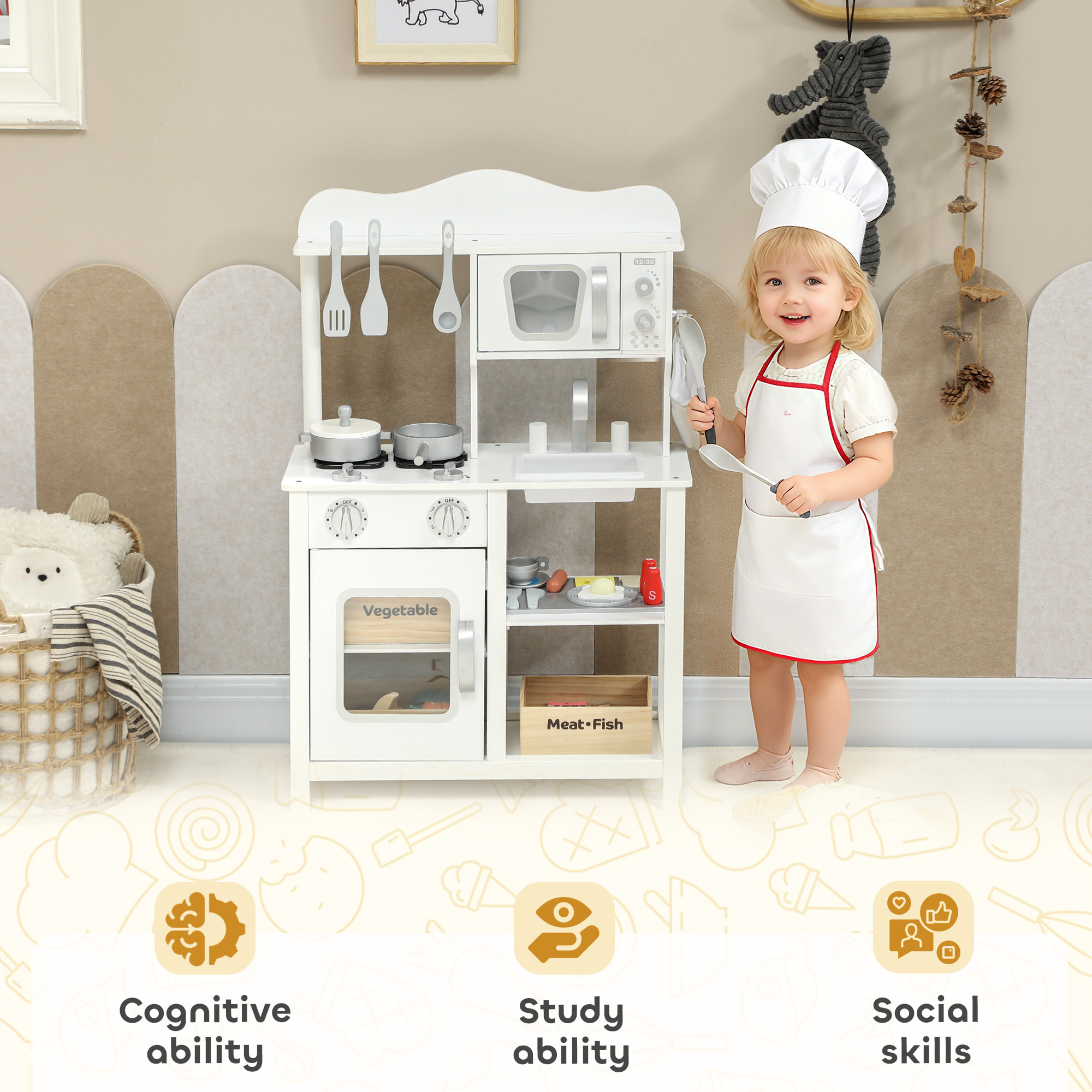 Cocina de Juguete de Madera con Sonido, Cocinita Infantil con Accesorios, Fregadero, Microondas y Fogón, Juguetes para Niños a Partir de 3 Años, 55x24x86 cm, Blanco