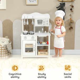 Cocina de Juguete de Madera con Sonido, Cocinita Infantil con Accesorios, Fregadero, Microondas y Fogón, Juguetes para Niños a Partir de 3 Años, 55x24x86 cm, Blanco