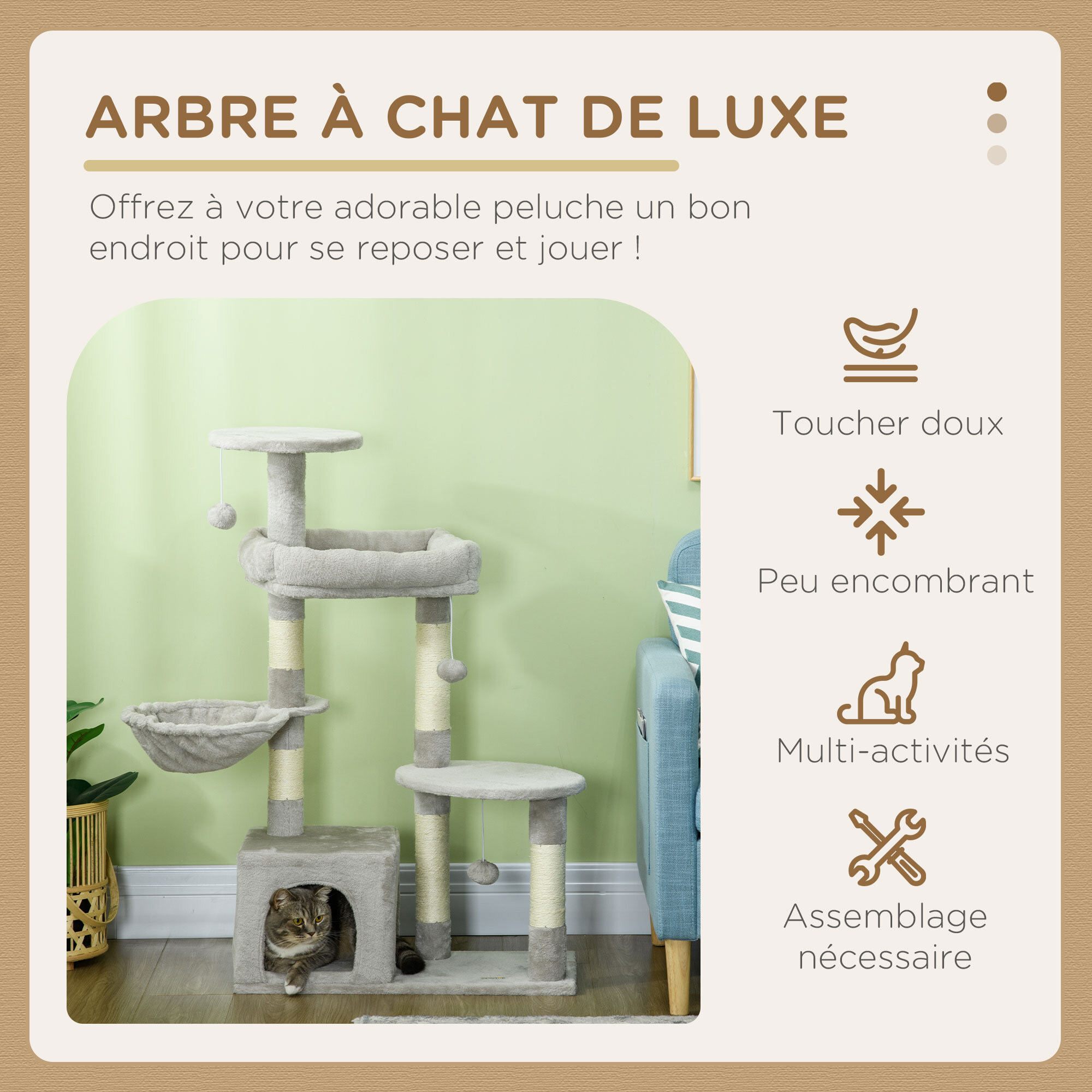 Arbre à chat griffoirs sisal naturel niche plateformes panier hamac jeux boules suspendues peluche gris