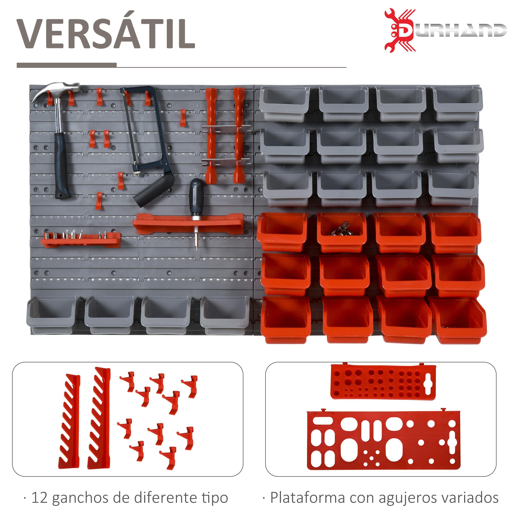 Organizador de Herramientas de Pared de 44 Piezas 95x54 cm Estantería de Pared para Herramientas con 28 Cajas Apilables y Diferentes Ganchos Gris y Rojo