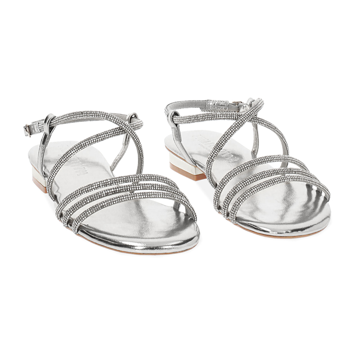 Sandali bassi donna argento in laminato con pietre
