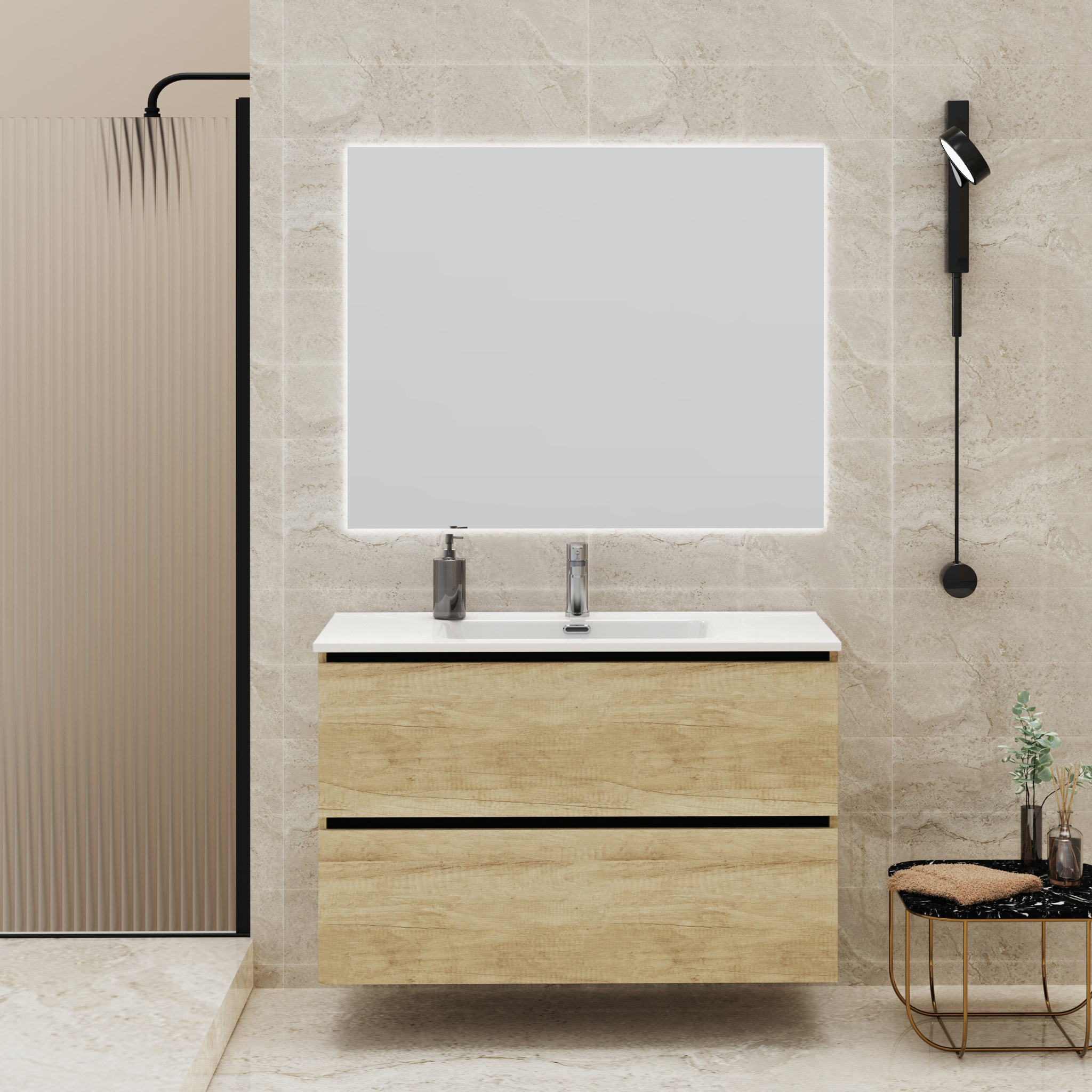 CONJUNTO DE BAÑO GLOOM | MUEBLE DE BAÑO SUSPENDIDO | 90 CM NATURE| DOS CAJONES | LAVABO ENCASTRADO | MUEBLE MONTADO | ALDAY