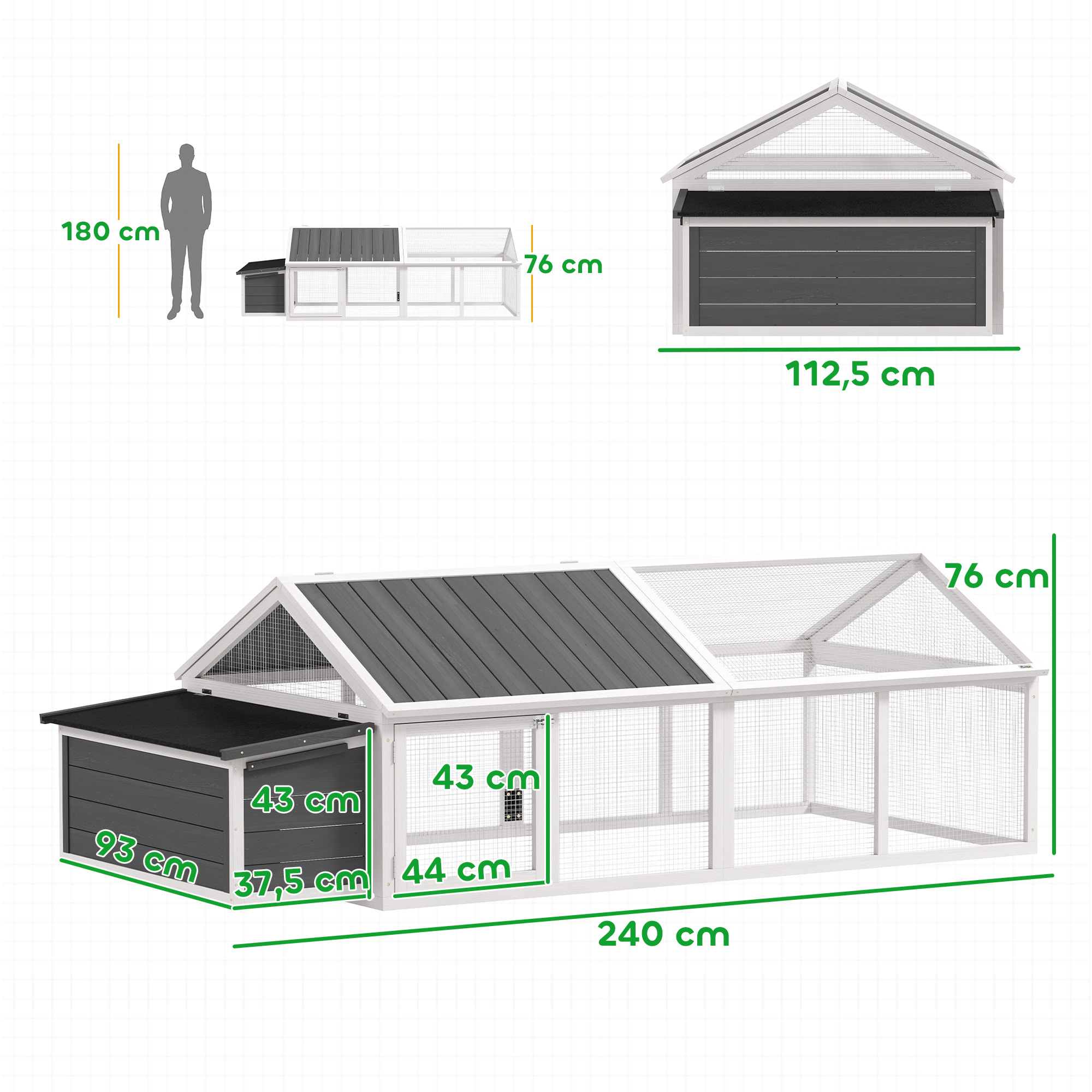 Poulailler espace couvert pondoir 2 zones - porte, toit ouvrant - 2,4 x 1,12 x 0,76 m - bois gris blanc