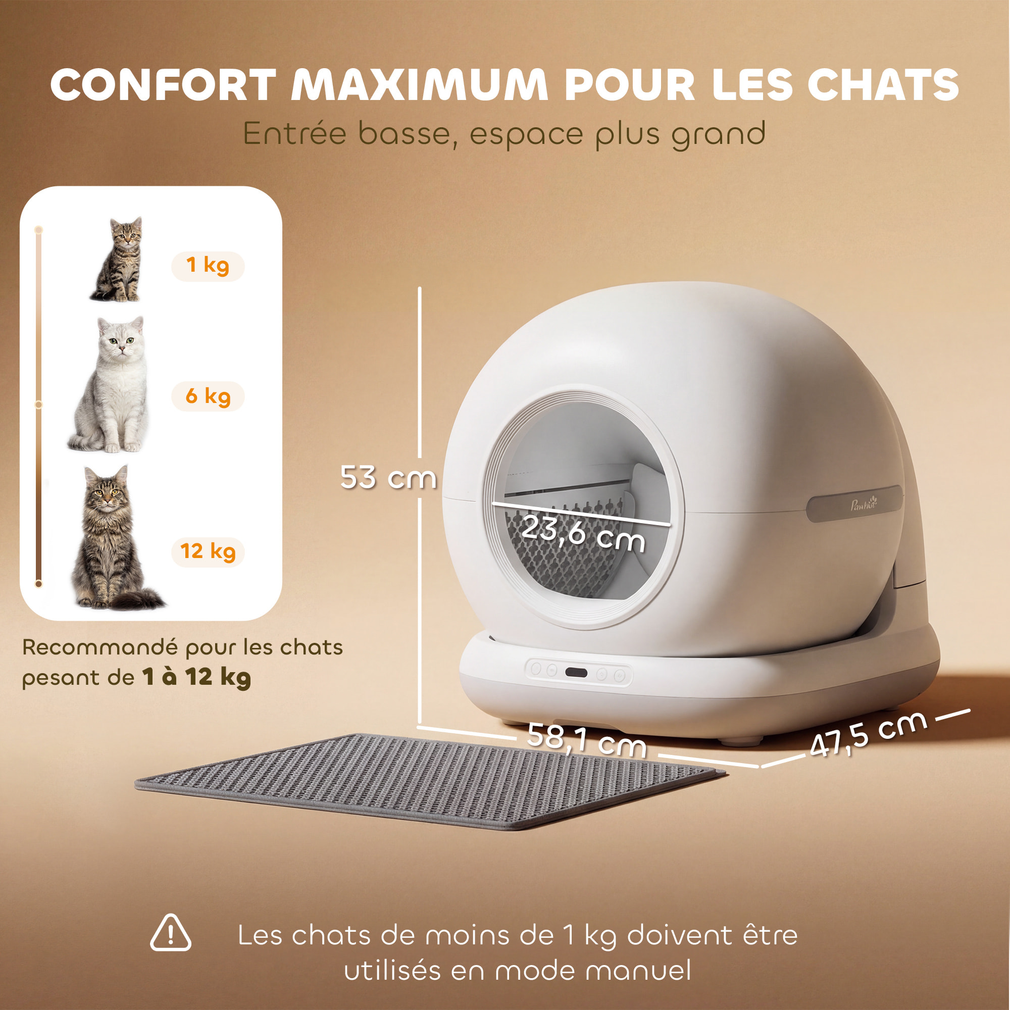 Bac à litière autonettoyante pour chat - maison de toilette autonettoyante - 72L - blanc