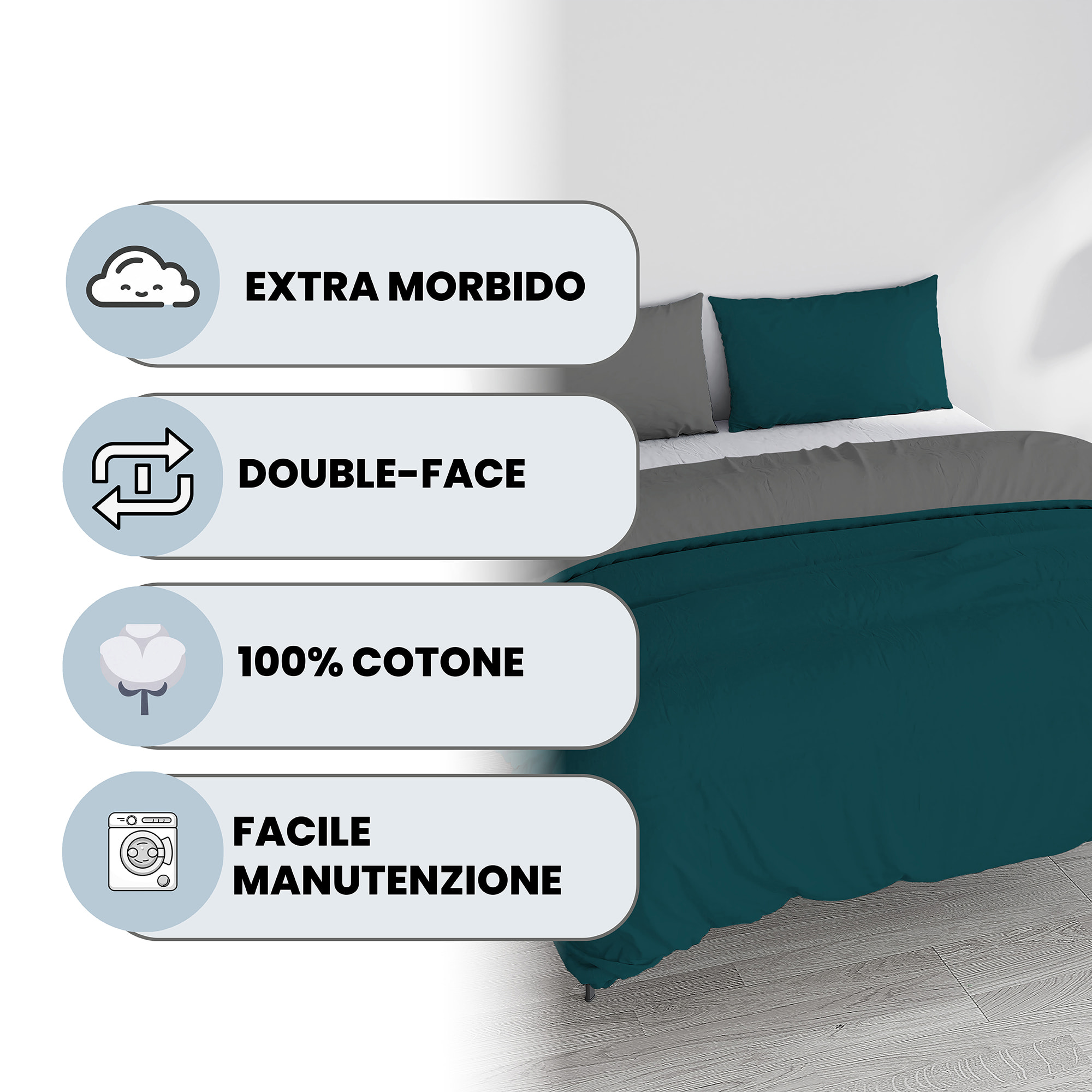 PARURE COPRIPIUMINO NATURAL COLOR, 100% Cotone, Made in Italy - VERDE PETROLIO/FUMO
