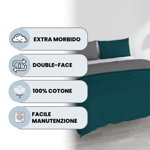PARURE COPRIPIUMINO NATURAL COLOR, 100% Cotone, Made in Italy - VERDE PETROLIO/FUMO