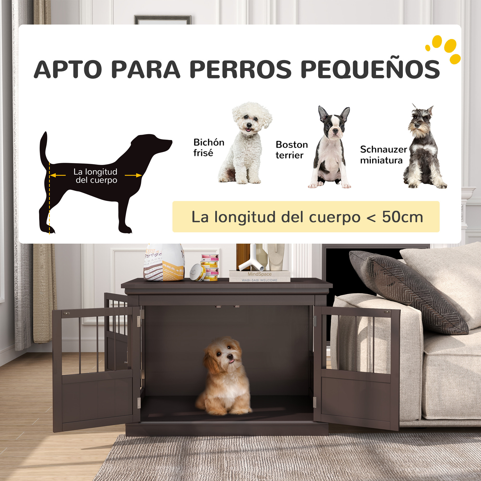 Jaula para Perros, Mesa Auxiliar, Casa para Mascotas Moderna con 3 Puertas Francés con Cierre Magnético, para Perros Pequeños, 78x53x59,3 cm, Café