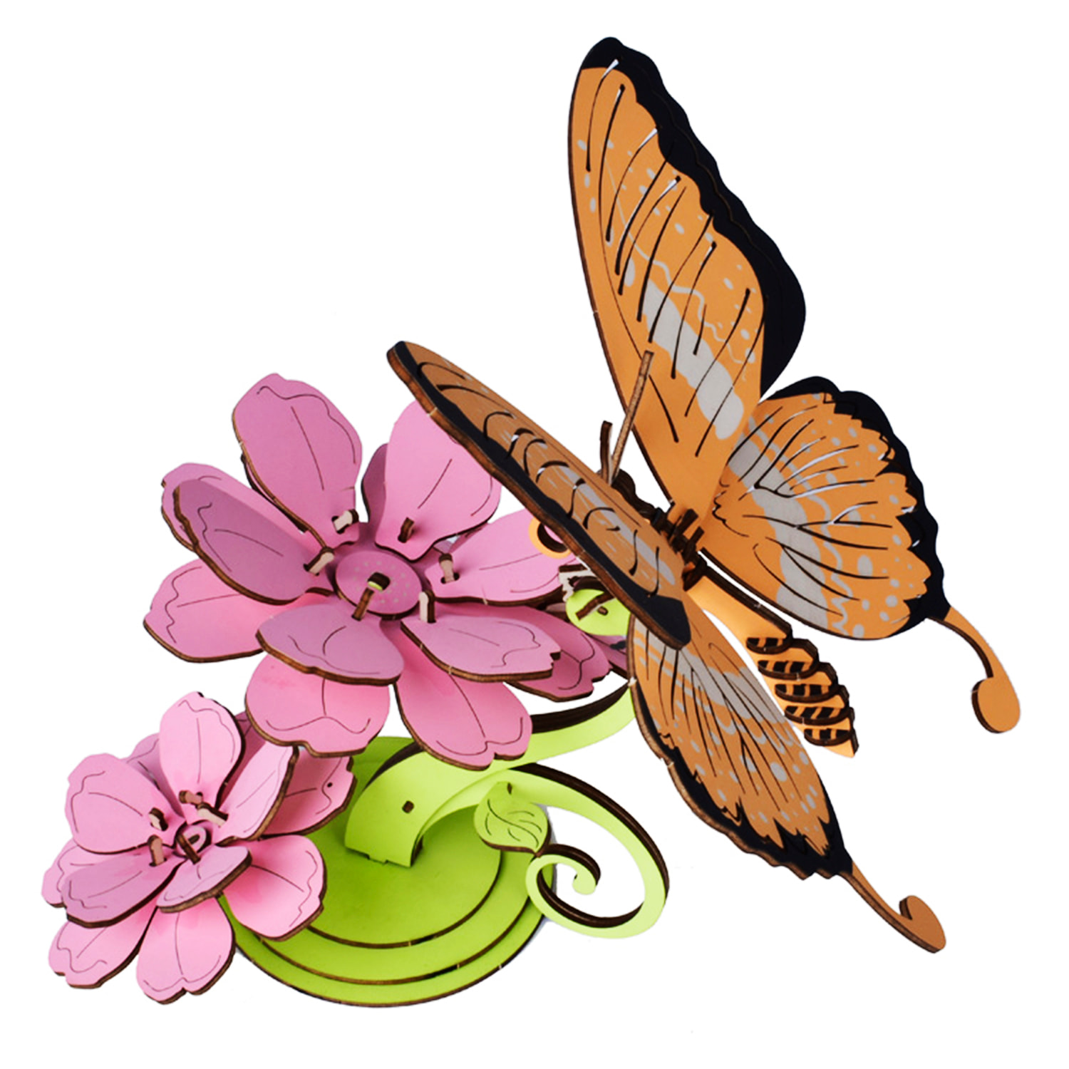 Maqueta 3D de madera. Mariposa posada en flores. 80 piezas.