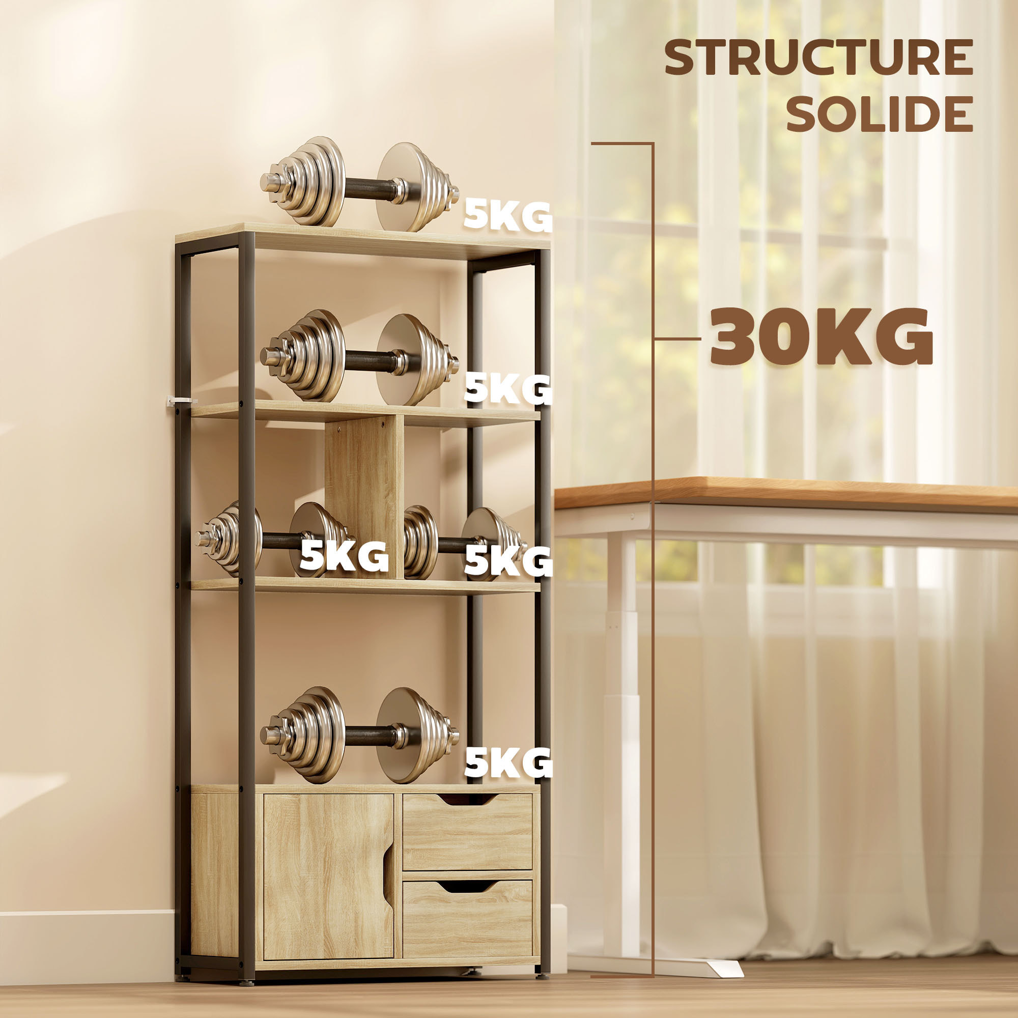 Bibliothèque style industriel 3 étagères placard porte 2 tiroirs panneaux particules aspect bois clair acier noir