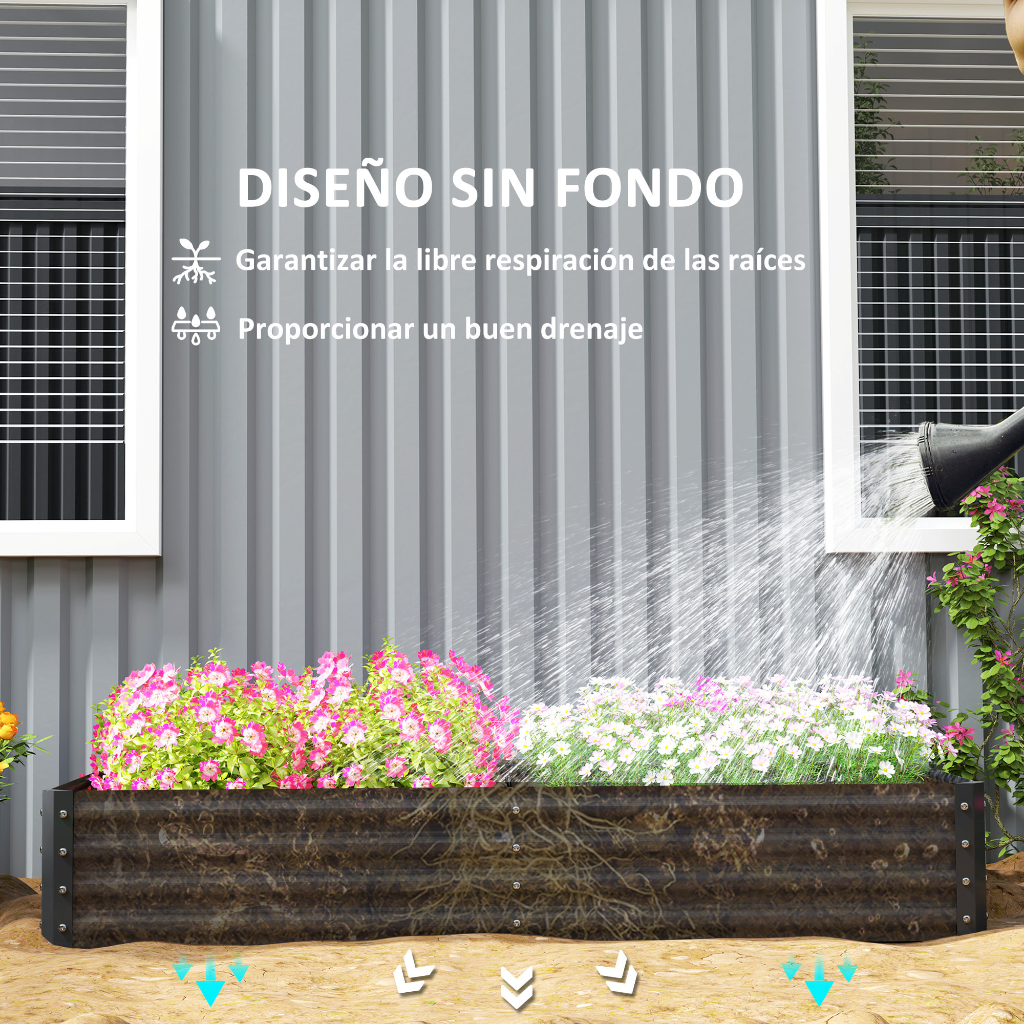 Jardinera Elevada de Acero Galvanizado Huerto Urbano para Cultivar Plantas Flores Hierba Macetero Grande Exterior Rectangular con Fondo Abierto 180x90x30 cm Gris Oscuro