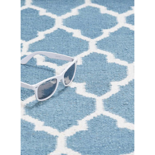 Tapis Kilim tissé à la main en laine motif Géométrique bleu et blanc