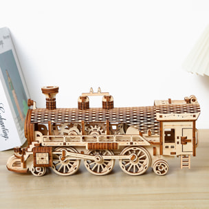Maqueta de Madera 3D, diseño de Tren de vapor con movimiento mecánico. 361 piezas.